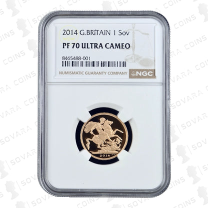 2014 Gold Proof Sovereign reverse – St George and the Dragon design PF70 UC