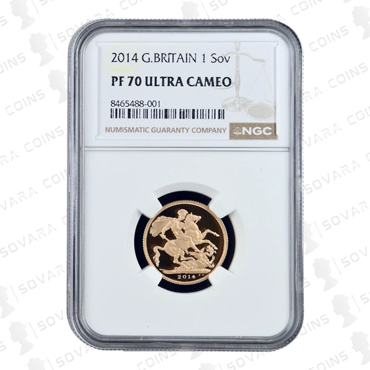 2014 Gold Proof Sovereign reverse – St George and the Dragon design PF70 UC