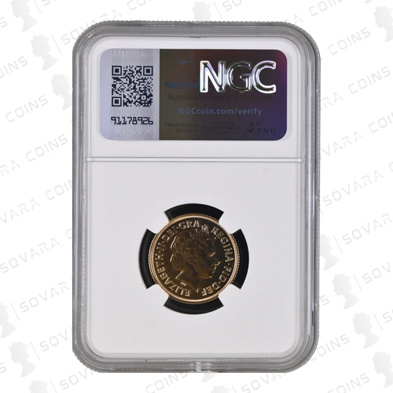 Gold coin in NGC holder with visible brand logo on a white background