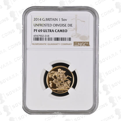 2014 Gold Proof Sovereign Unfrosted Obverse Die Error Coin NGC PF69 Ultra Cameo