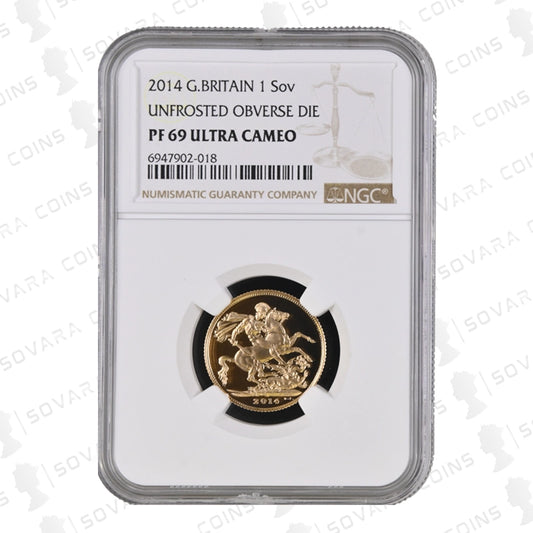 2014 Gold Proof Sovereign Unfrosted Obverse Die Error Coin NGC PF69 Ultra Cameo