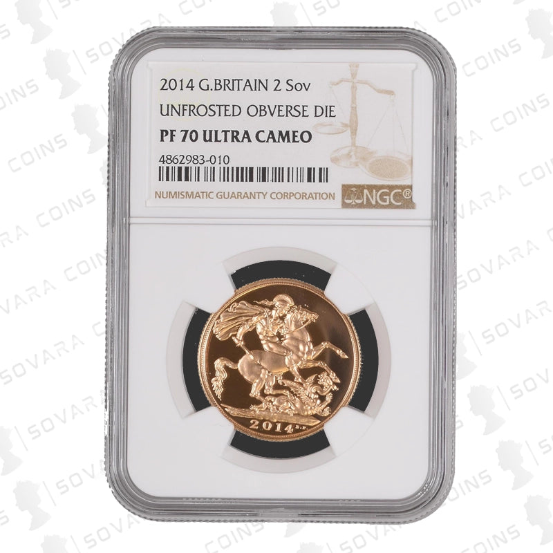 2014 Double Sovereign PF70 UC with rare unfrosted obverse die in NGC slab