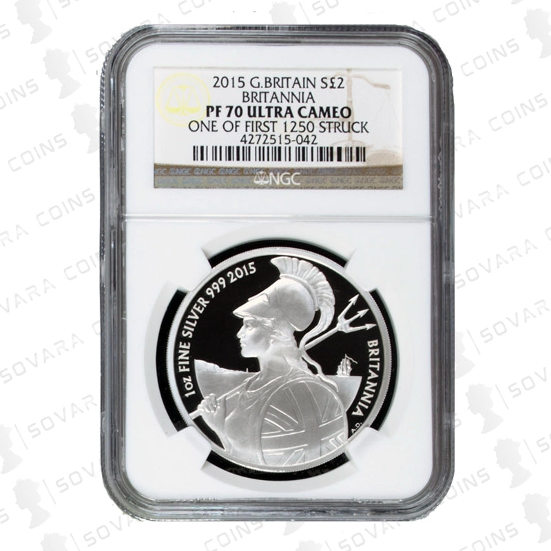 2015 Silver Proof Britannia reverse with Britannia holding trident and shield