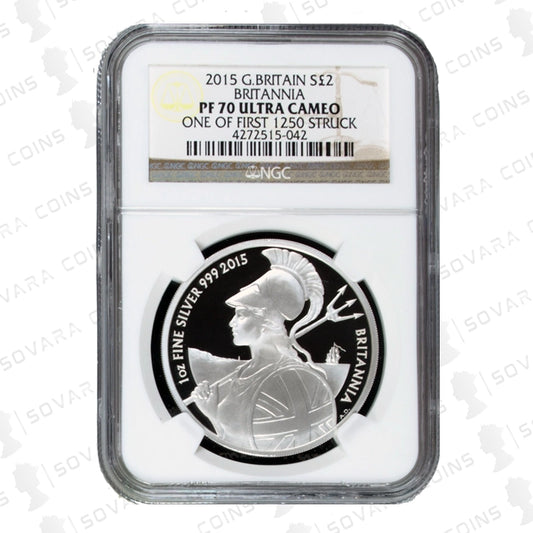 2015 Silver Proof Britannia reverse with Britannia holding trident and shield