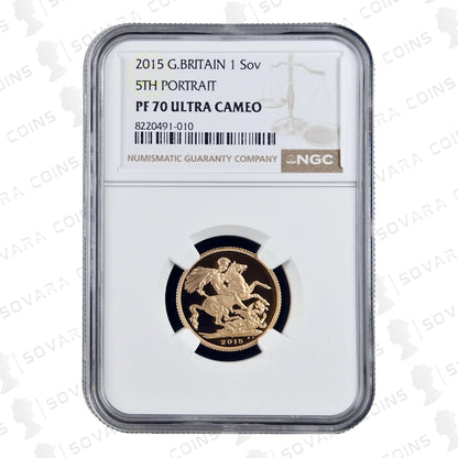 2015 Gold Proof Sovereign reverse – St George and the Dragon design PF70 UC