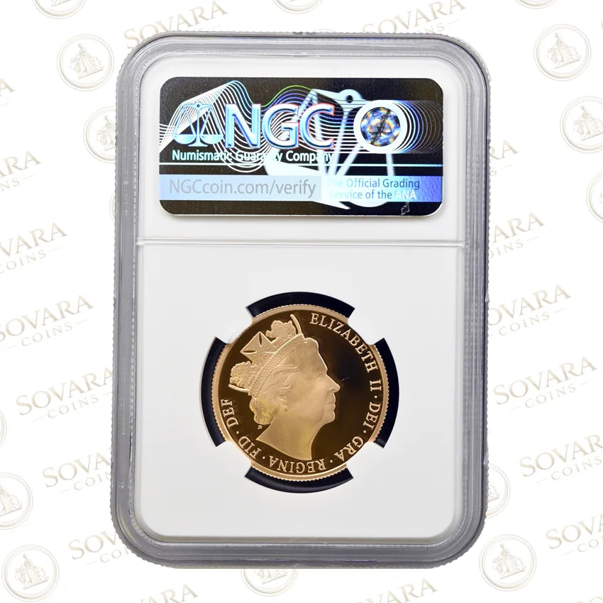 2016 Gold Double Sovereign obverse — James Butler 90th birthday portrait of Elizabeth II — JB initials — NGC PF70