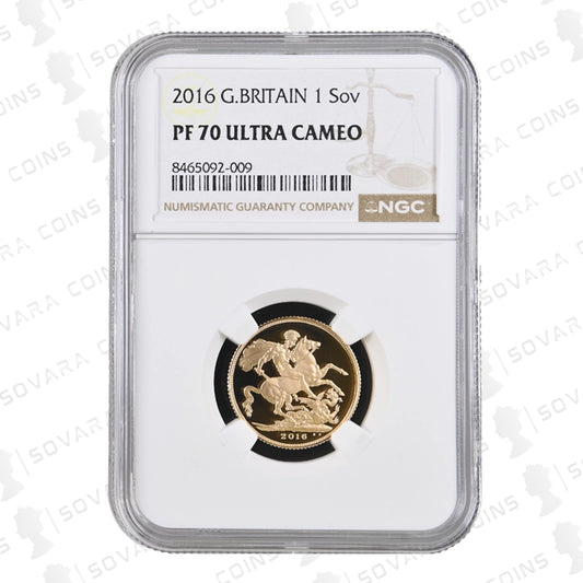 Reverse of 2016 Gold Proof Sovereign showing St George and the Dragon design in NGC PF70 Ultra Cameo holder.