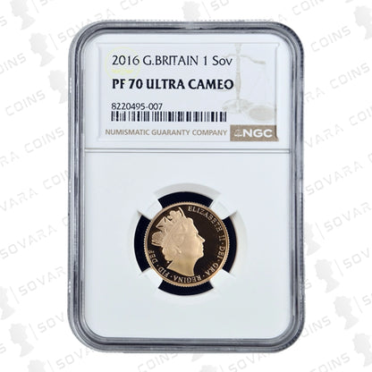 2016 Gold Proof Sovereign obverse – Queen Elizabeth II fifth portrait by James Butler PF70 Ultra Cameo