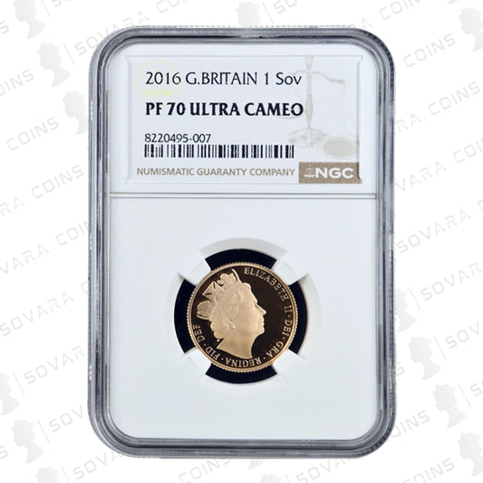 2016 Gold Proof Sovereign obverse – Queen Elizabeth II fifth portrait by James Butler PF70 Ultra Cameo
