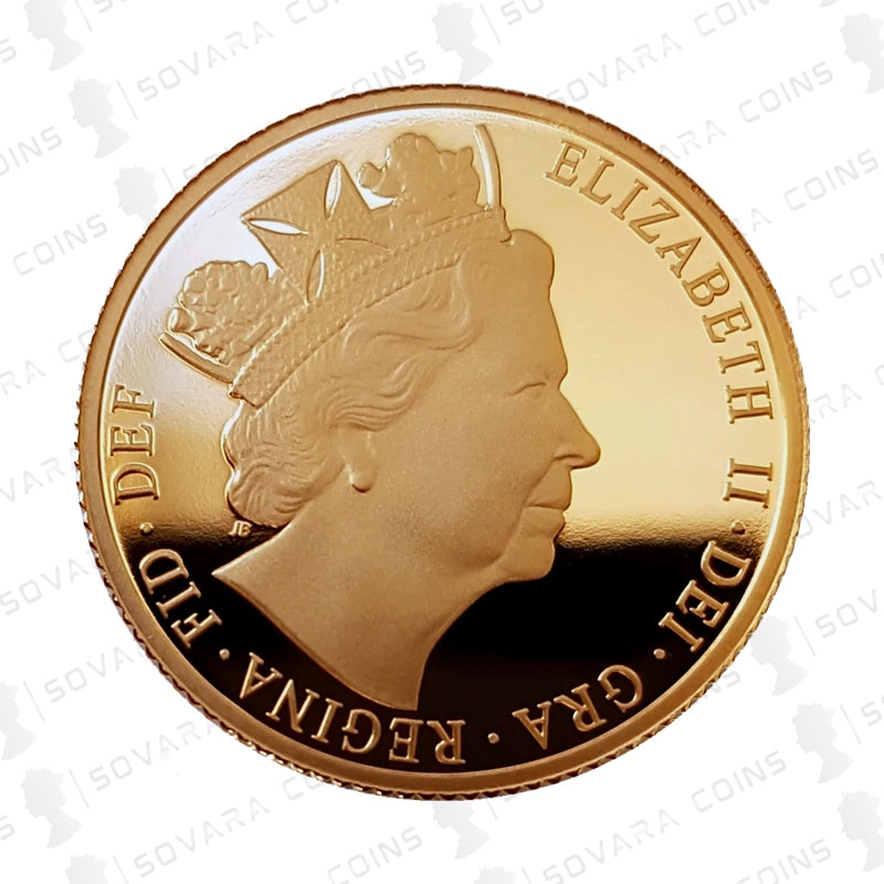 Gold coin with a profile of a monarch and engraved text, featuring the brand 'Sovara Coins'.
