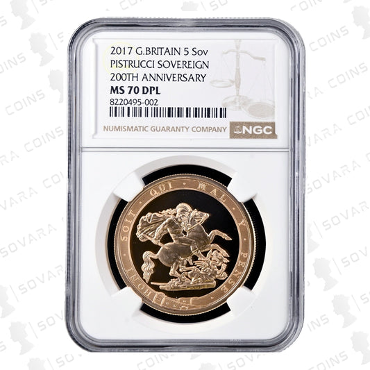 2017 £5 Gold Sovereign Pistrucci 200th Anniversary NGC MS70 DPL