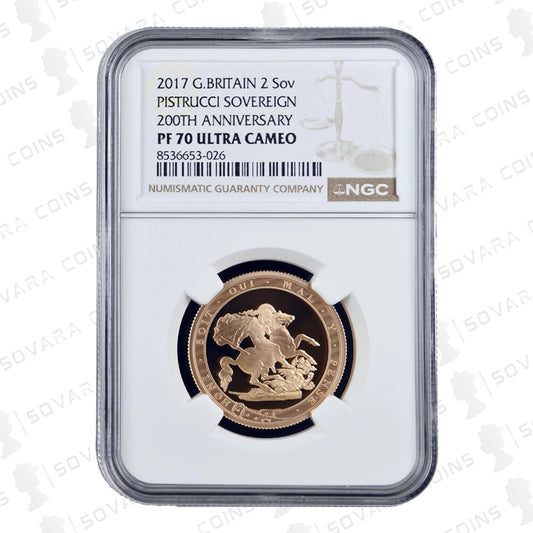 2017 Double Sovereign Gold Proof PF70 Ultra Cameo 200th Anniversary obverse and reverse