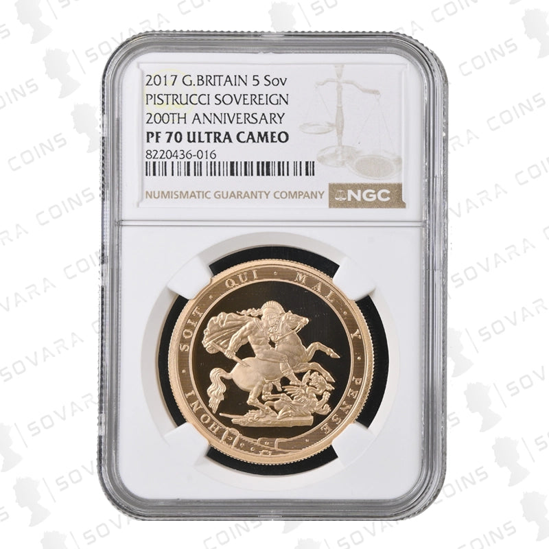 2017 Gold Proof Five Pound Sovereign graded PF70 Ultra Cameo by NGC – Obverse and reverse