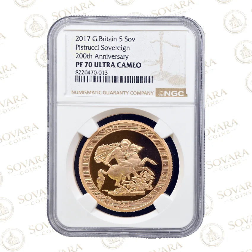 2017 Gold Proof Quintuple Sovereign NGC PF70 Ultra Cameo — 200th Anniversary — mintage 749 — for sale UK