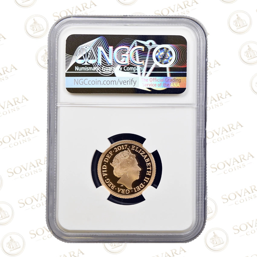 Obverse of 2017 Gold Proof Sovereign showing Jody Clark portrait with date on obverse