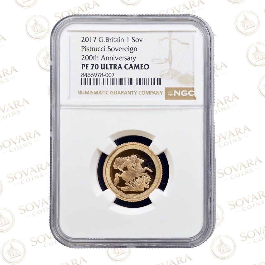 2017 Gold Proof Sovereign PF70 Ultra Cameo 200th Anniversary Garter Border design in NGC slab