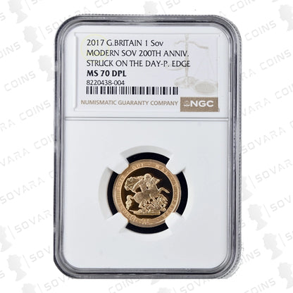 2017 Gold Sovereign reverse – St George and the Dragon with Garter legend MS70 DPL