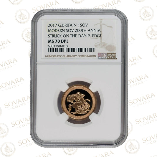 2017 Gold Sovereign reverse – St George and the Dragon with Garter legend MS70 DPL