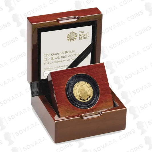 2018 Black Bull of Clarence 1/4oz Gold Proof Coin from The Queen’s Beasts series, featuring a detailed design in fine gold.