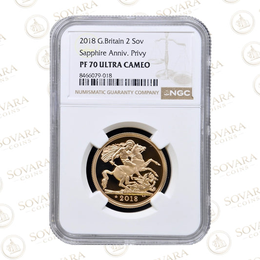 2018 Gold Proof Double Sovereign PF70 Ultra Cameo Sapphire Anniversary Privy NGC graded