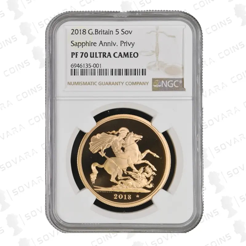 2018 Sapphire Anniversary Gold Proof Five Pound Sovereign NGC PF70 Ultra Cameo