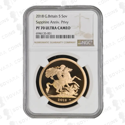 2018 Sapphire Anniversary Gold Proof Five Pound Sovereign NGC PF70 Ultra Cameo