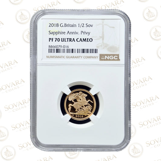 2018 Gold Proof Half Sovereign PF70 Sapphire Anniversary Privy NGC graded