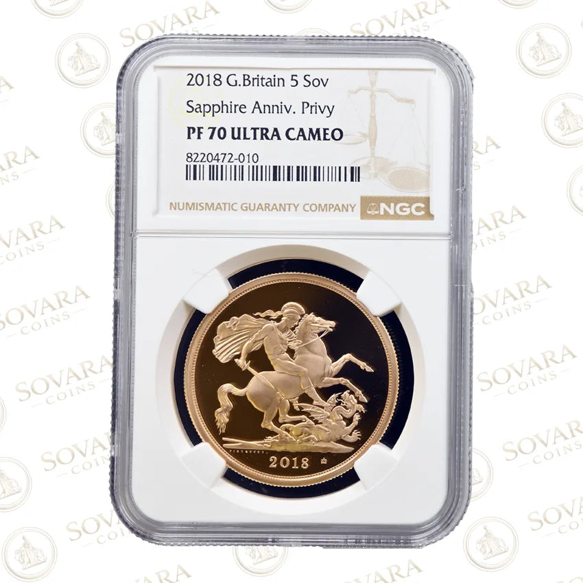 2018 Gold Proof Quintuple Sovereign PF70 Ultra Cameo Sapphire Anniversary Privy