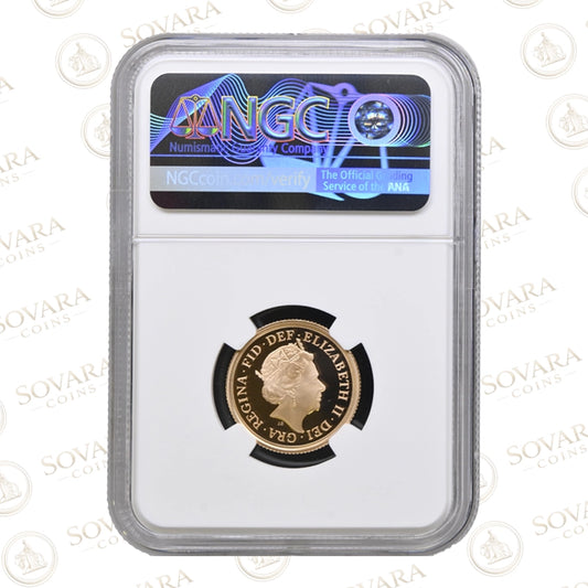 Sapphire Anniversary privy mark on the 2018 Gold Proof Sovereign PF70