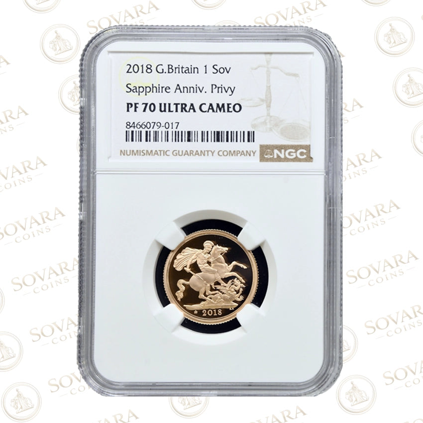2018 Gold Proof Sovereign PF70 Ultra Cameo Sapphire Anniversary Privy NGC graded