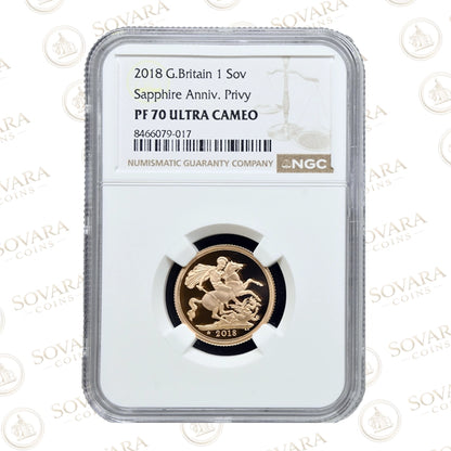2018 Gold Proof Sovereign PF70 Ultra Cameo Sapphire Anniversary Privy NGC graded