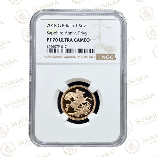 2018 Gold Proof Sovereign PF70 Ultra Cameo Sapphire Anniversary Privy NGC graded