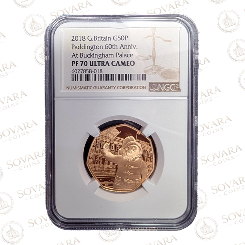 2018 Paddington at Buckingham Palace Gold Proof 50p PF70 Ultra Cameo graded coin