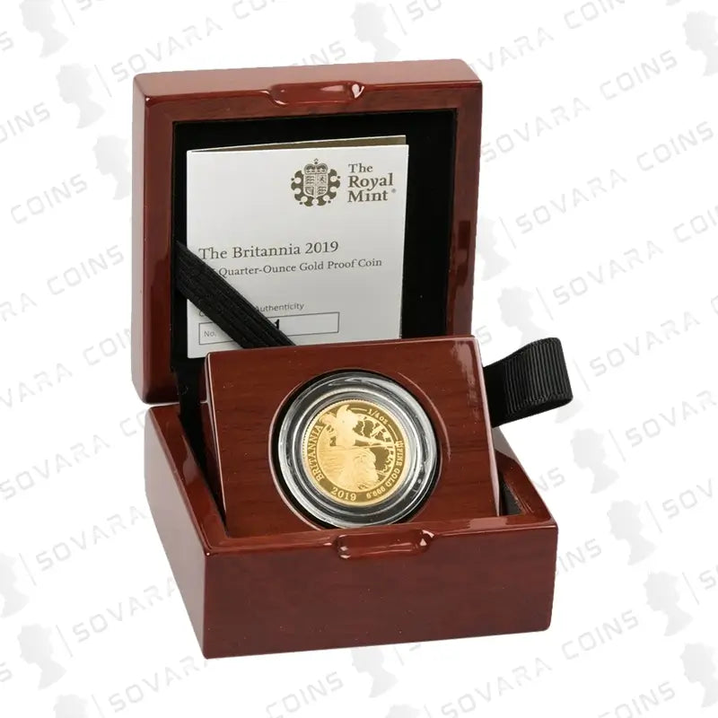 2019 Britannia £25 1/4oz Gold Proof Coin featuring the classic Britannia design in fine gold with a proof finish.