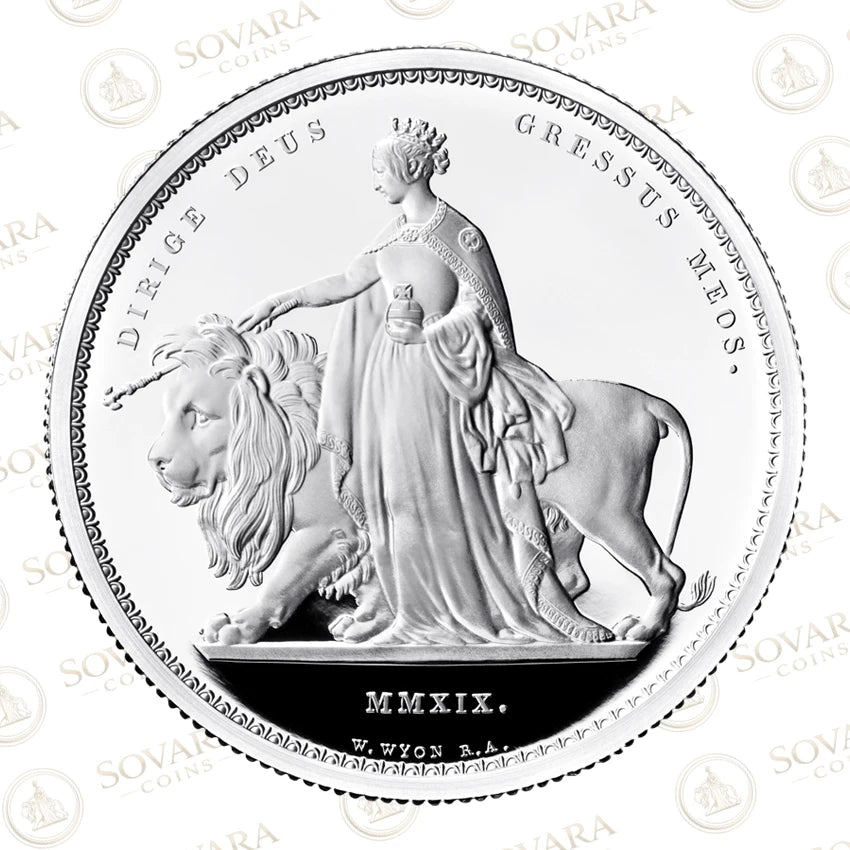 Reverse of 2019 Una and the Lion 2oz Silver Proof showing William Wyon design of Queen Victoria as Una with lion