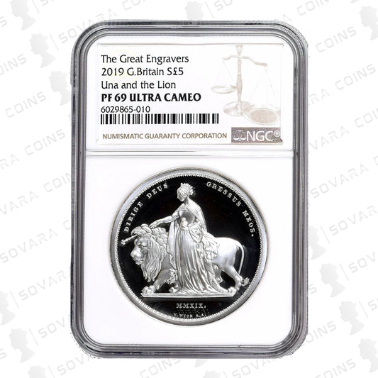 Close-up of the 2019 Una and the Lion 2oz Silver Proof Coin in NGC PF69 Ultra Cameo holder