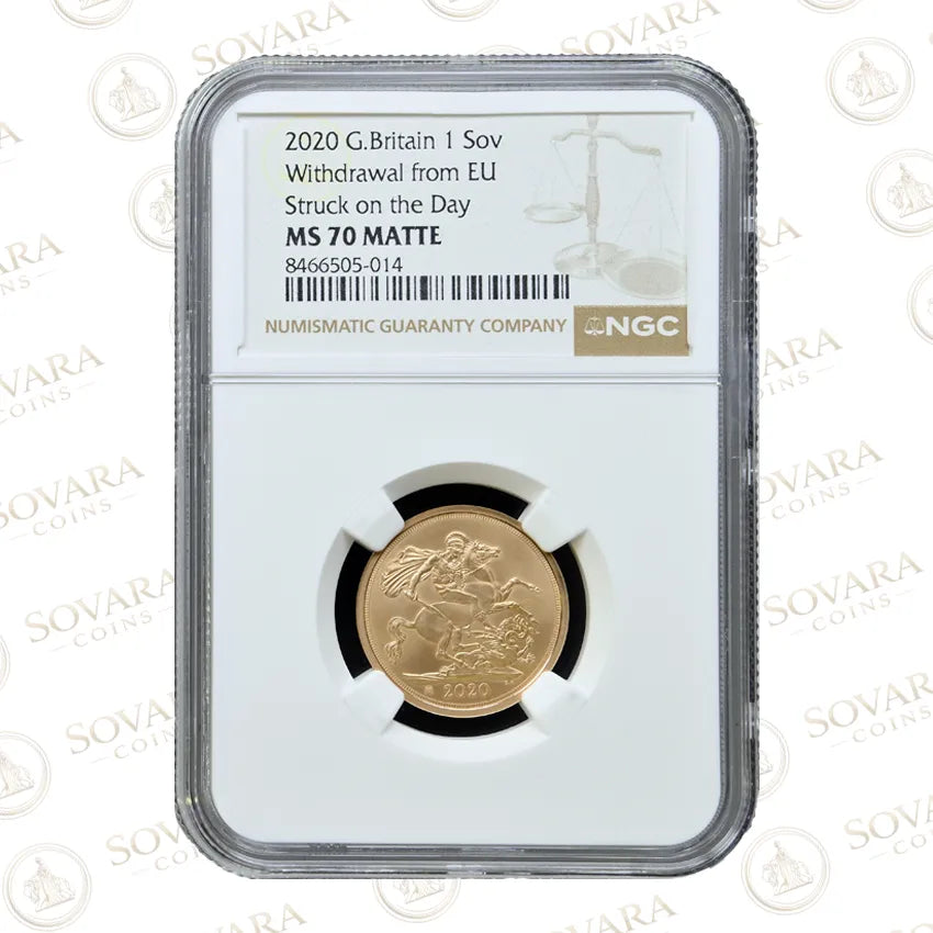 2020 Brexit EU Withdrawal Strike on the Day Gold Sovereign NGC MS70 Matte plain edge privy mark in grading slab