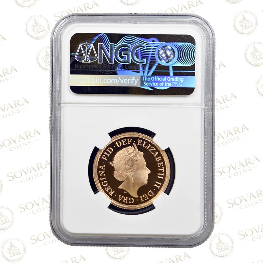 A 2020 Queen Elizabeth II sovereign coin encapsulated in a clear NGC grading holder, with the NGC label visible at the top and a white background with faint Sovara Coins watermarks.