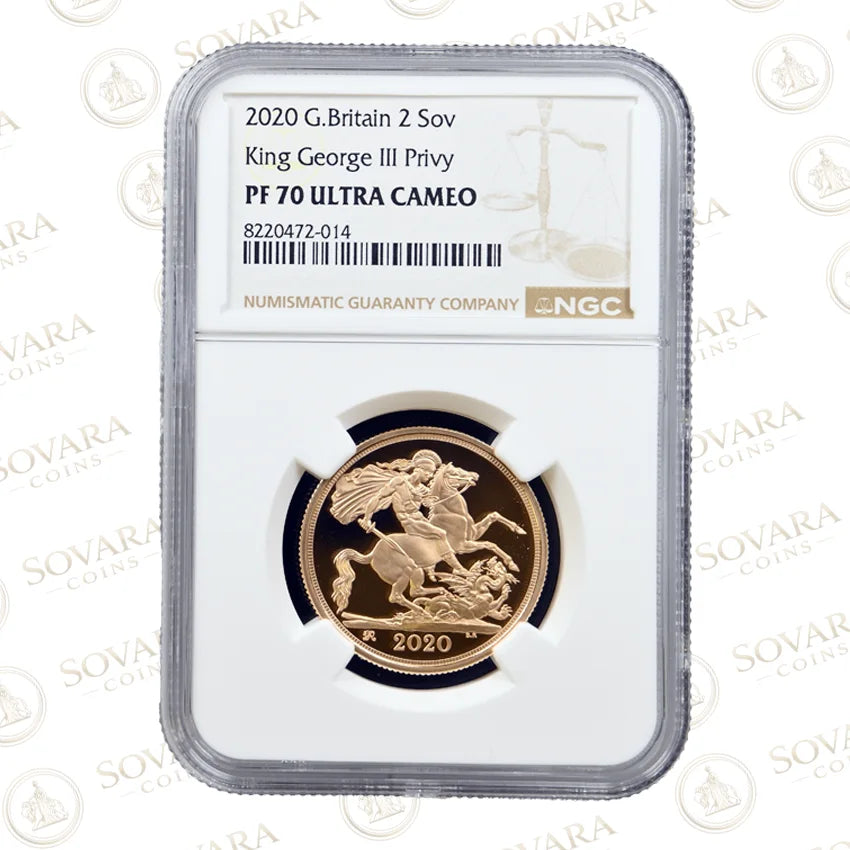 A 2020 G. Britain 2 Sovereigns PF 70 Ultra Cameo gold coin, encapsulated in a NGC Professional Numismatic Guaranty Company graded holder.