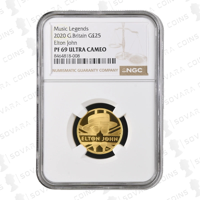 Gold coin featuring Elton John's face in a holder with NGC certification on a white background
