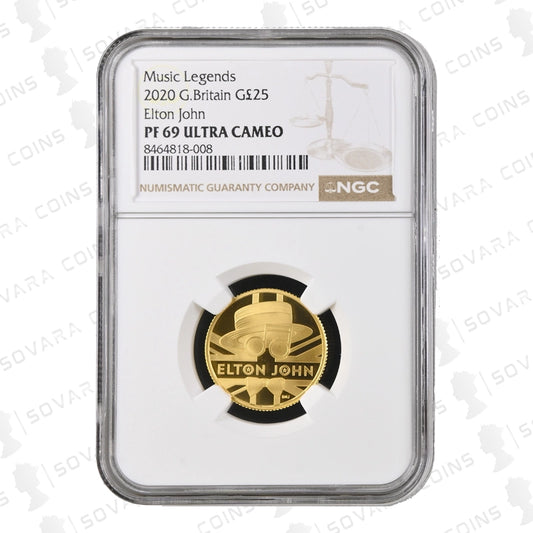 Gold coin featuring Elton John's face in a holder with NGC certification on a white background