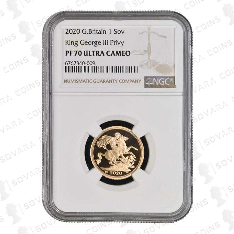 2020 Gold Proof Full Sovereign featuring King George III Privy Mark graded NGC PF70 Ultra Cameo