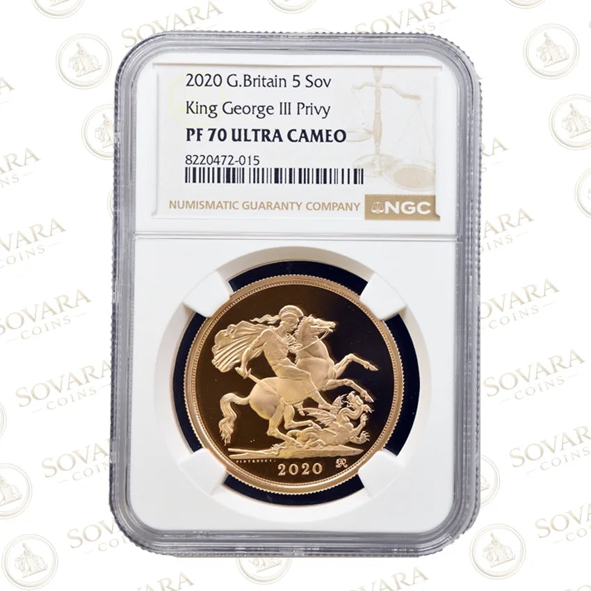 A 2020 King George III Privy Gold Quintuple Sovereign encapsulated in a NGC PF 70 Ultra Cameo holder, displayed against a white background with faint Sovara Coins watermarks.