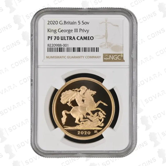 2020 Gold Proof Five Sovereign Coin with King George III Privy Mark graded NGC PF70 Ultra Cameo