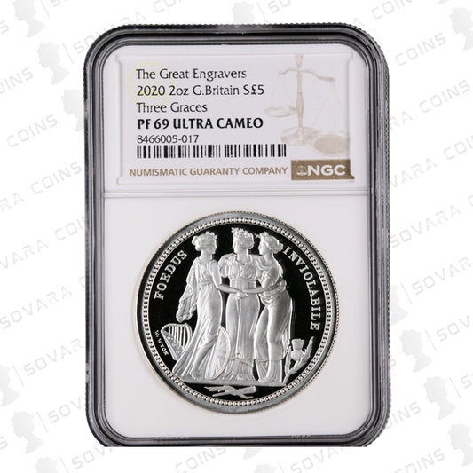 2020 Three Graces 2oz Silver Proof Coin in NGC PF69 Ultra Cameo holder close-up