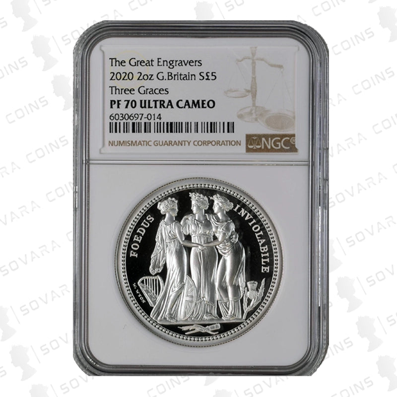 2020 The Great Engravers Three Graces 2oz Silver Proof coin, graded NGC PF70 Ultra Cameo, featuring William Wyon’s iconic Three Graces design.
