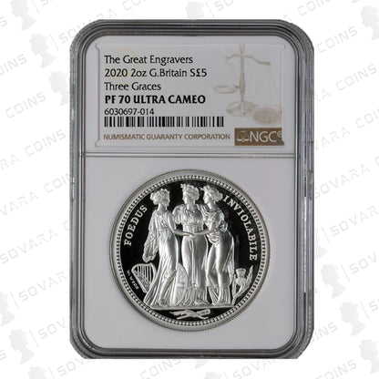 2020 The Great Engravers Three Graces 2oz Silver Proof coin, graded NGC PF70 Ultra Cameo, featuring William Wyon’s iconic Three Graces design.