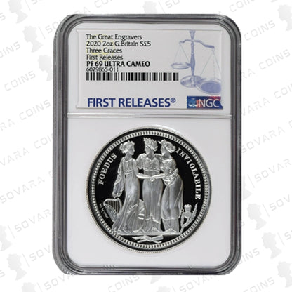 2020 Three Graces 2oz Silver Proof Coin in NGC PF69 Ultra Cameo holder close-up