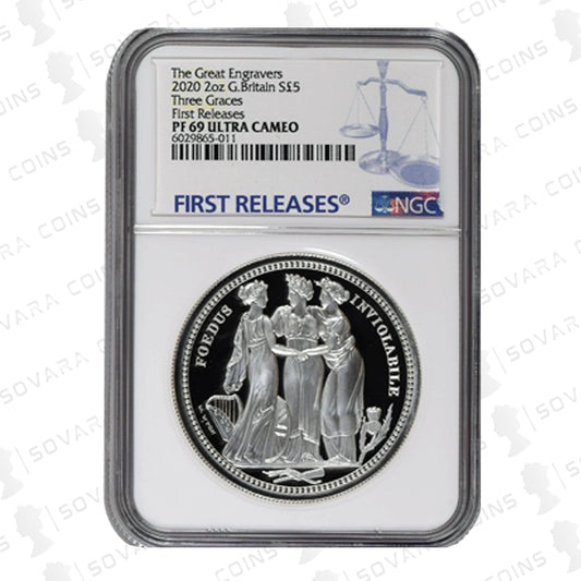 2020 Three Graces 2oz Silver Proof Coin in NGC PF69 Ultra Cameo holder close-up