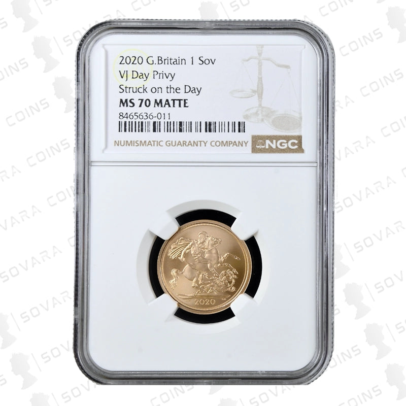 2020 VJ Day Privy Matte Sovereign reverse – St George and the Dragon with VJ privy mark MS70